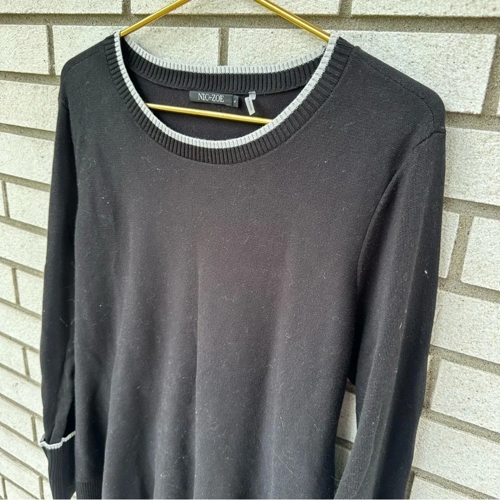 NIC+ZOE Black Knit Tunic Sweater L Off White Trim Cuffs Tie Back Layered Hem